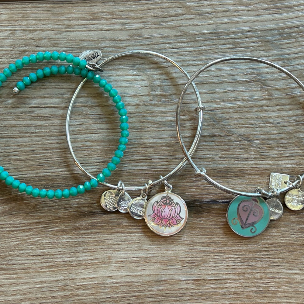 Alex and Ani Silver, Pink  and Turquoise Charm Bracelet Trio